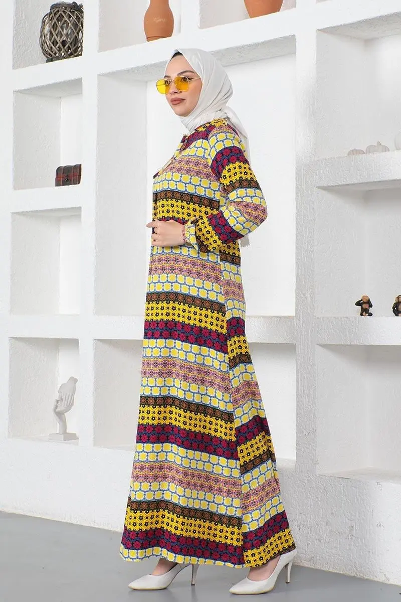 Yakası Bağcıklı Viskon Elbise Sarı-detail