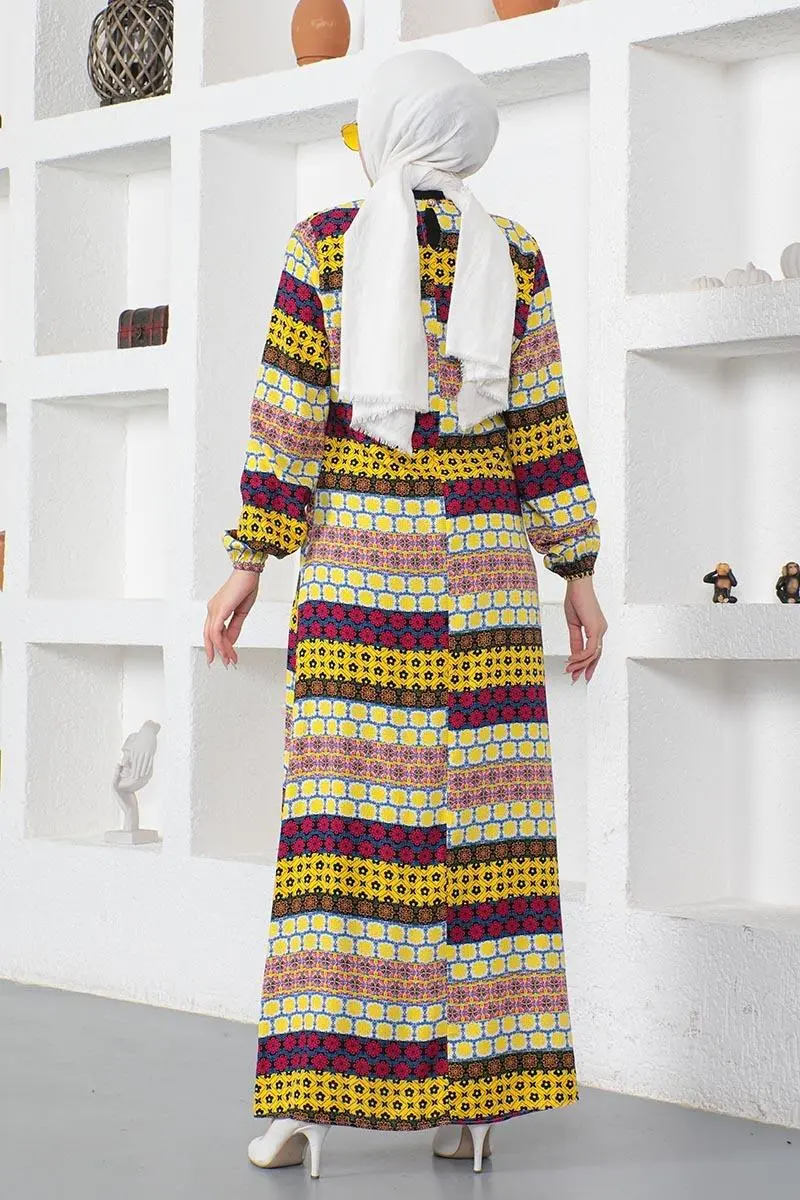 Yakası Bağcıklı Viskon Elbise Sarı-detail