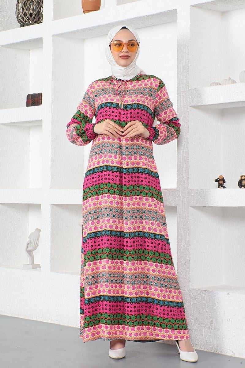 Yakası Bağcıklı Viskon Elbise Fuşya