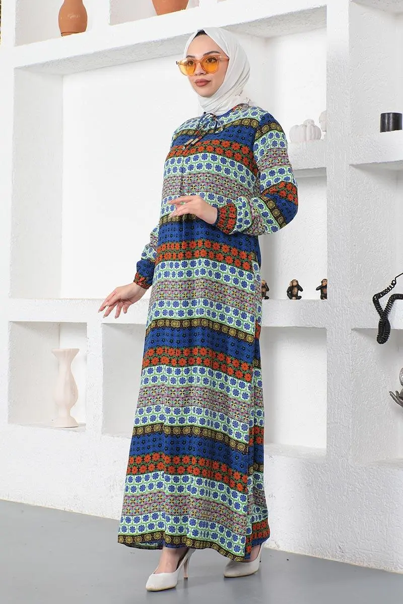 Yakası Bağcıklı Viskon Elbise-detail