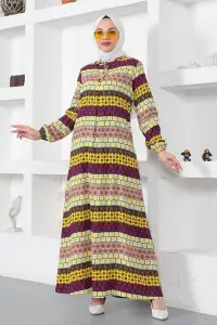 Yakası Bağcıklı Viskon Elbise Sarı