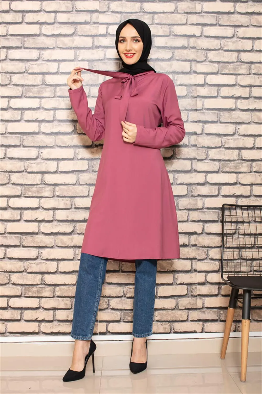 Yakası Bağlamalı Tesettür Tunik Gül Kurusu-detail