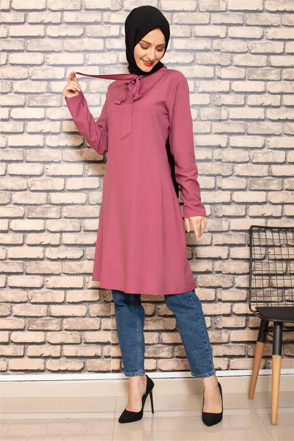 Yakası Bağlamalı Tesettür Tunik Gül Kurusu-detail