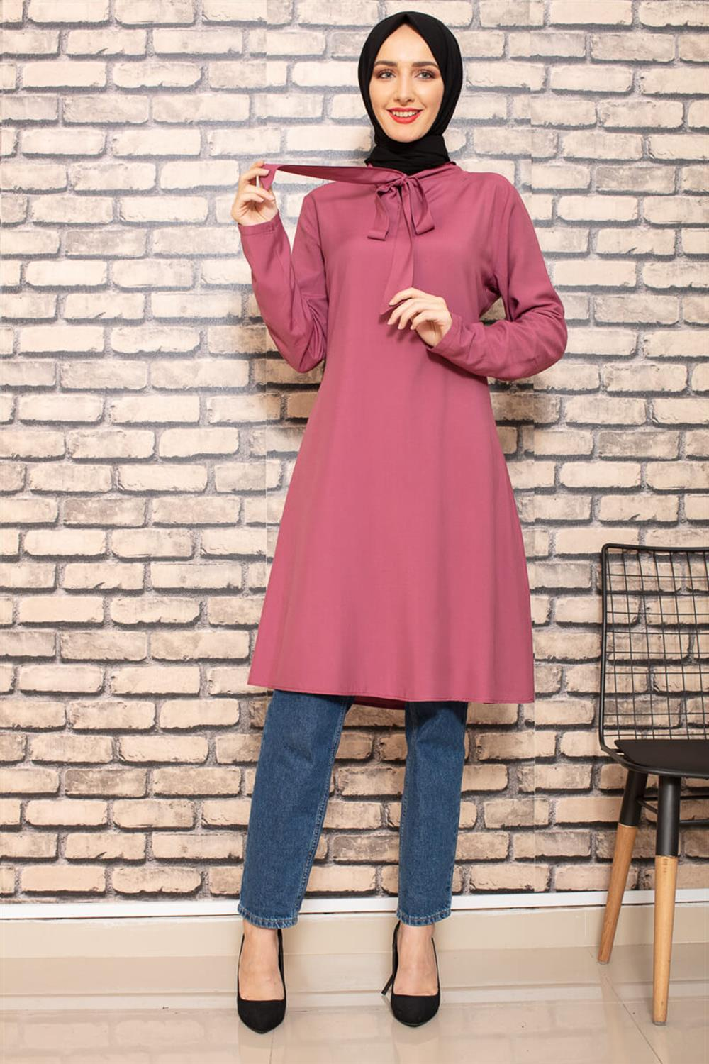 Yakası Bağlamalı Tesettür Tunik Gül Kurusu