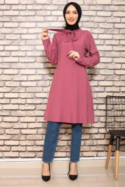 Yakası Bağlamalı Tesettür Tunik Gül Kurusu