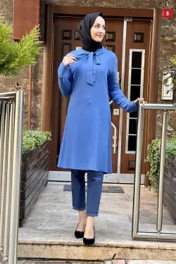 Yakası Bağlamalı Tesettür Tunik Indigo