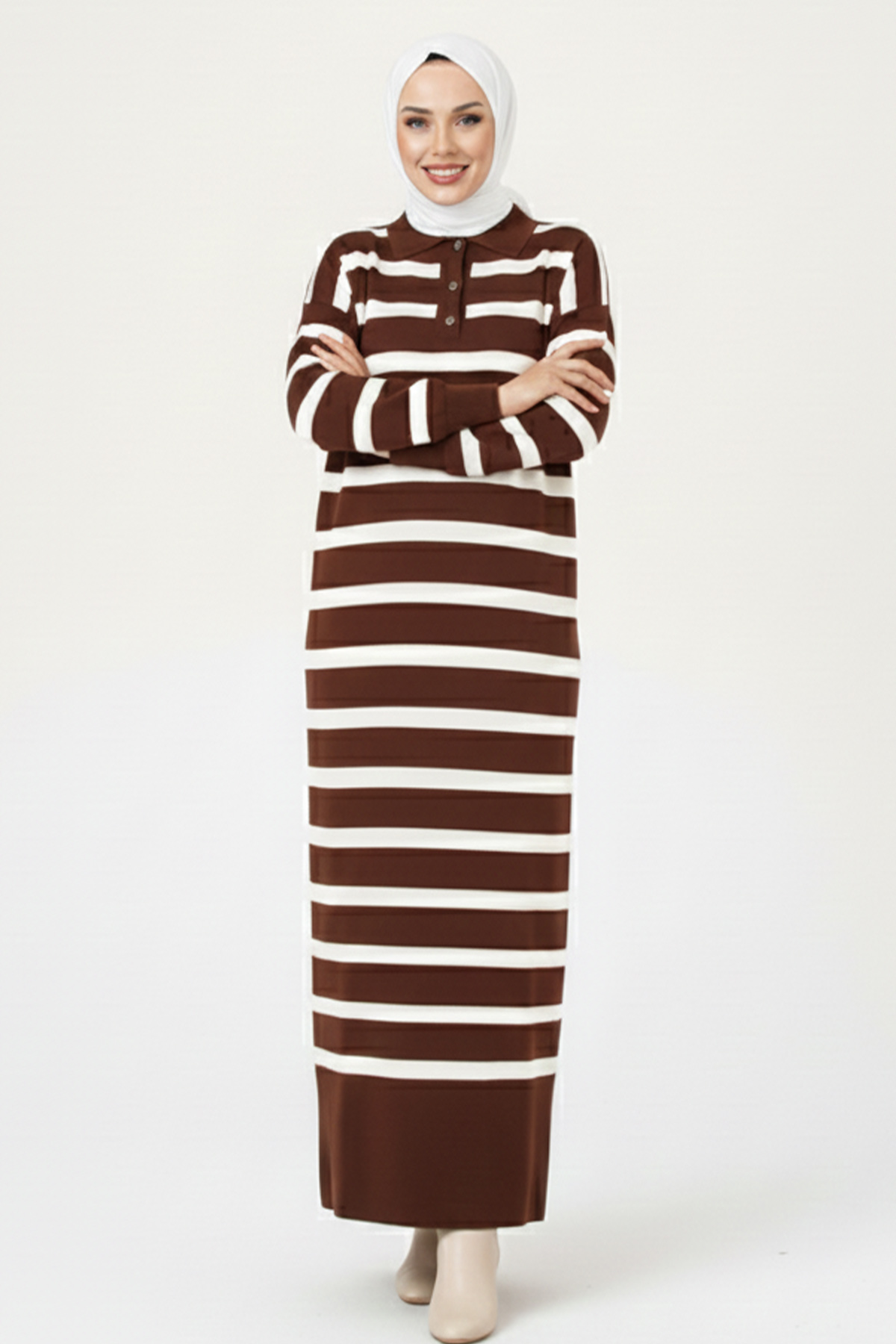 Striped Knit Dress With Button Detail On The Collar