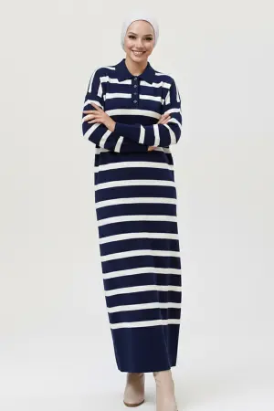 Striped Knit Dress With Button Detail On The Collar