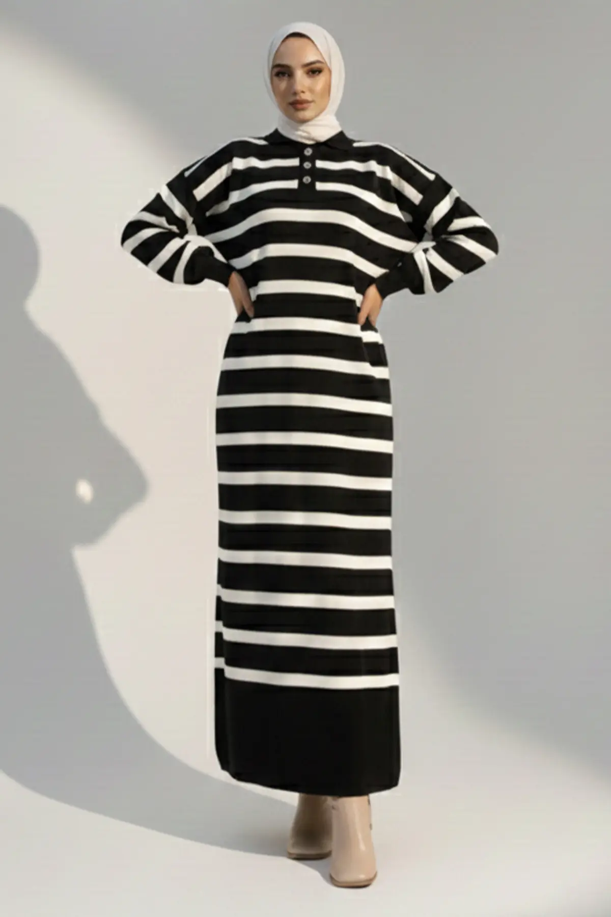 Striped Knit Dress With Button Detail On The Collar