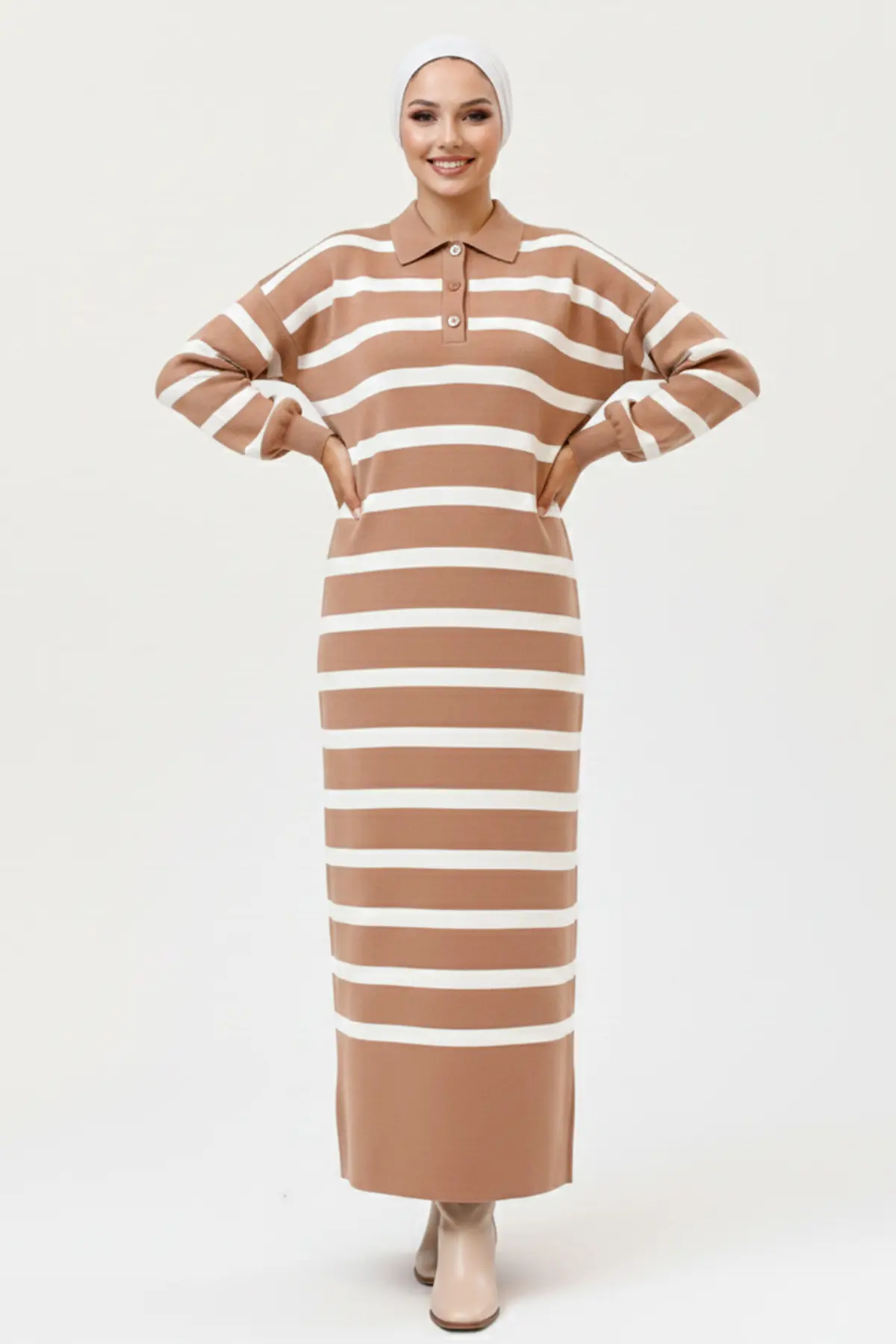 Striped Knit Dress With Button Detail On The Collar-detail