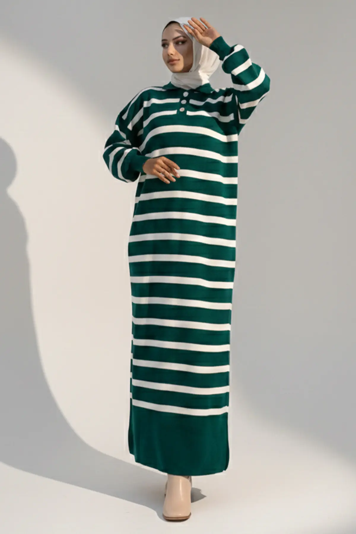 Striped Knit Dress With Button Detail On The Collar