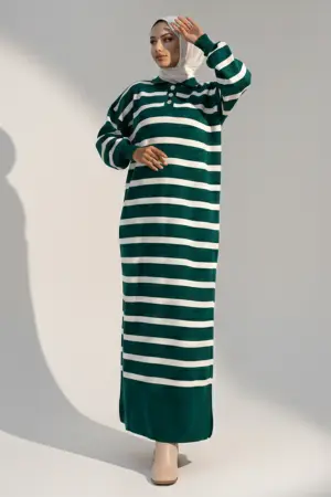 Striped Knit Dress With Button Detail On The Collar