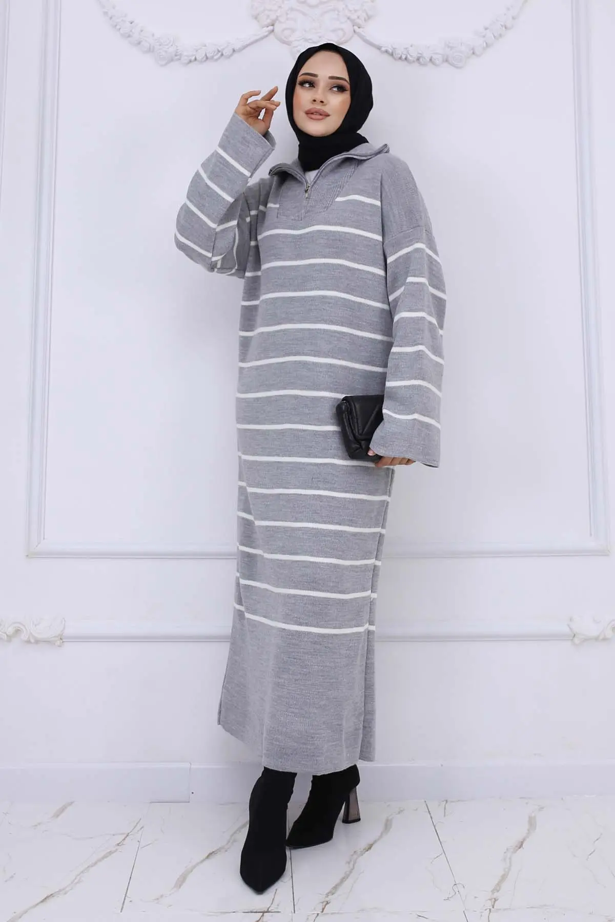 Yakası Fermuar Detaylı Çizgili Triko Elbise-detail