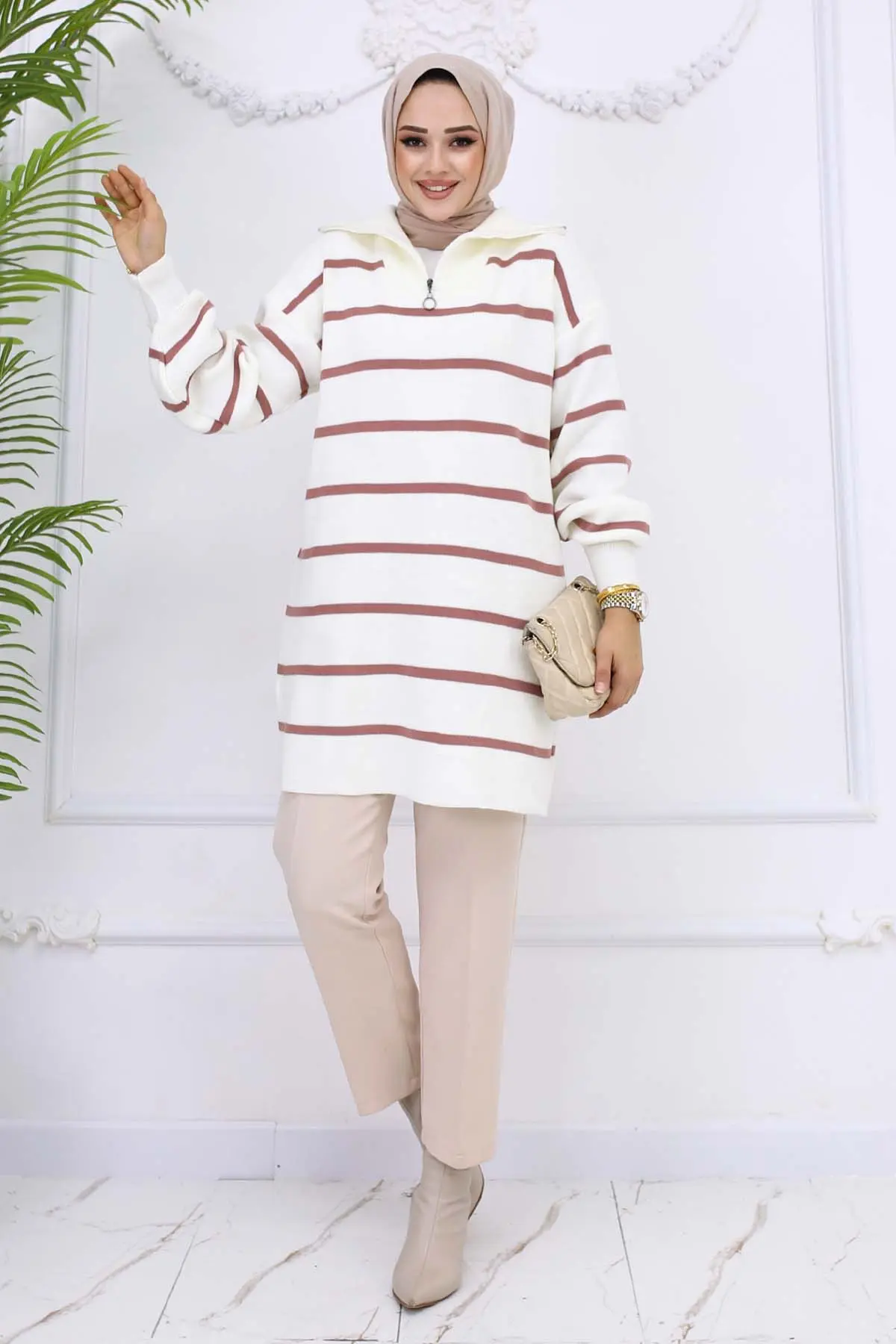 Yakası Fermuarlı Çizgili Triko Tunik-detail