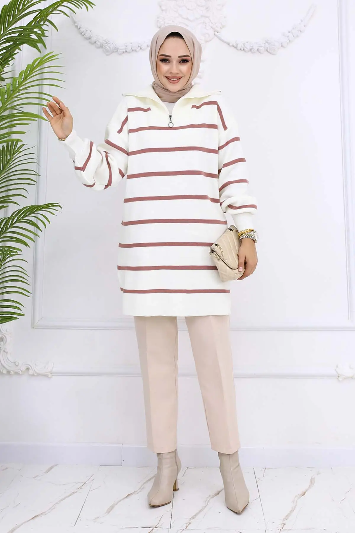 Yakası Fermuarlı Çizgili Triko Tunik-detail