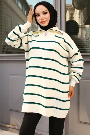Yakası Fermuarlı Çizgili Triko Tunik