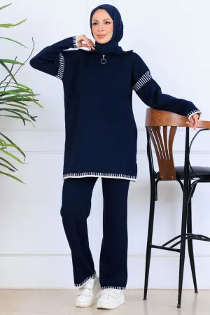 Yakası Fermuarlı Şerit Detay Triko Takım