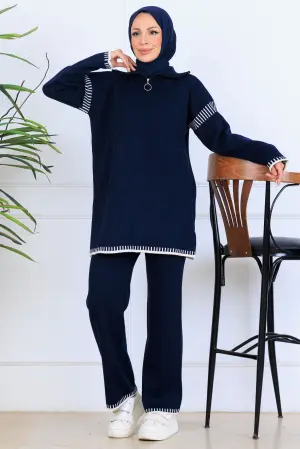 Yakası Fermuarlı Şerit Detay Triko Takım