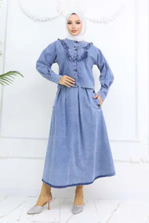 Yakası İnci Detaylı Kot Etekli Takım Mavi 6120