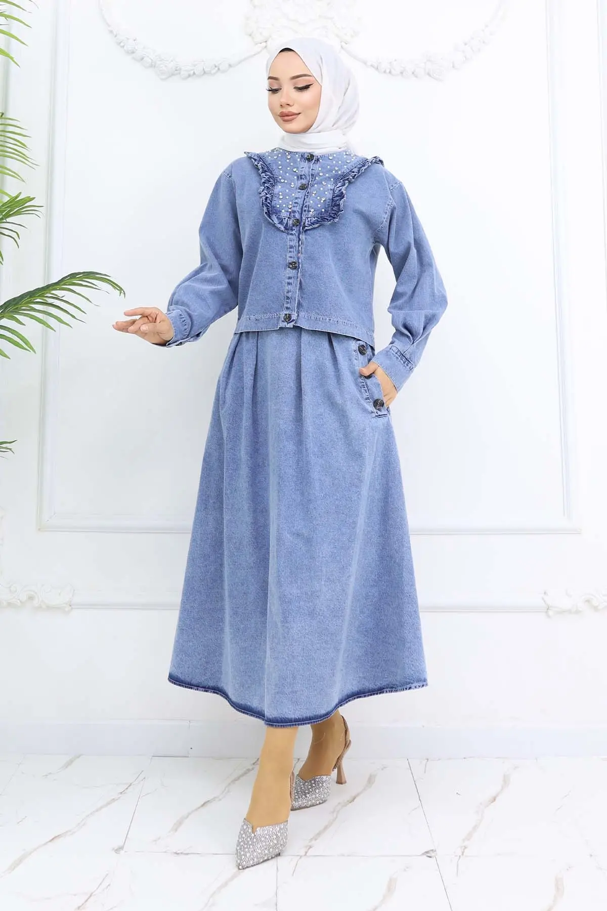 Yakası İnci Detaylı Kot Etekli Takım Mavi 6120-detail