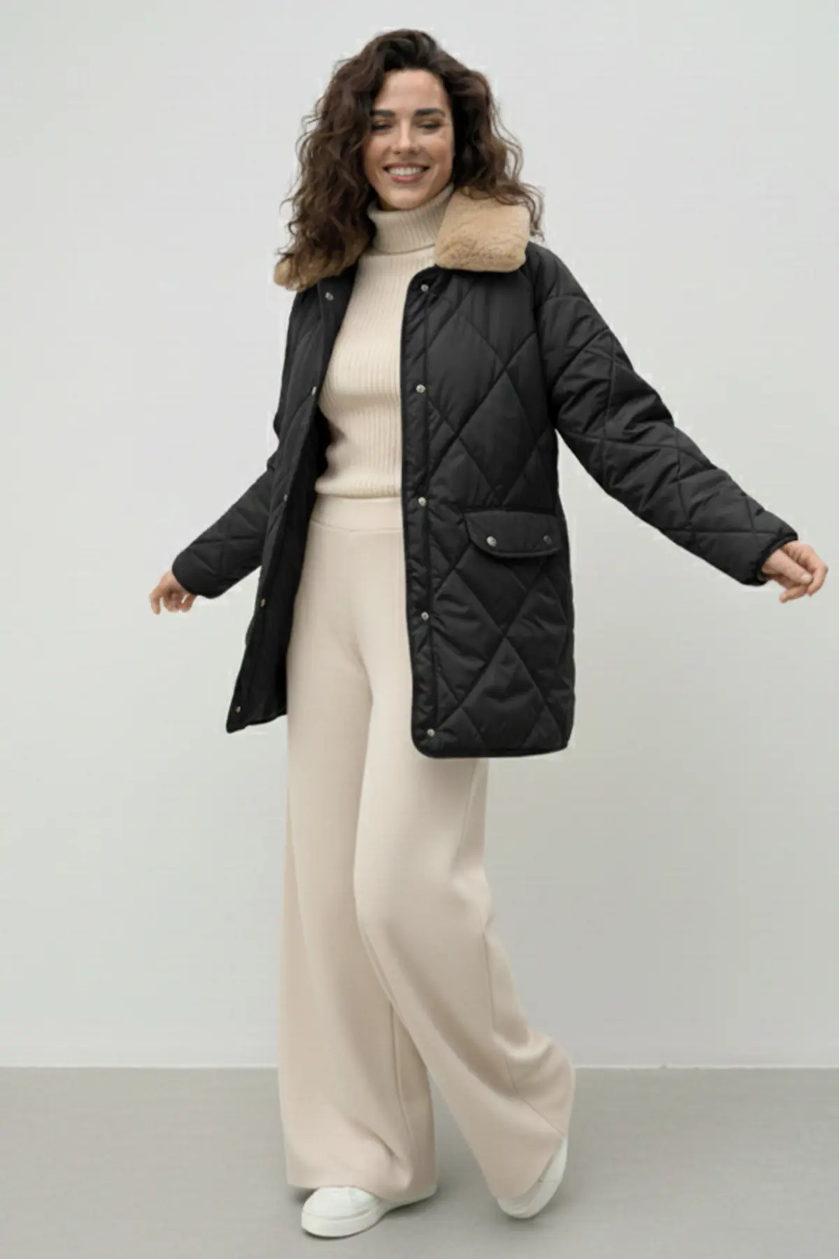 Yakası Kürklü Kapitone Mont-detail