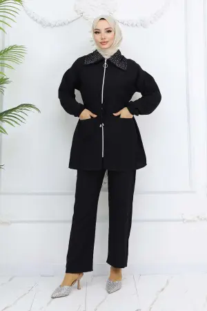 Hijab Suit With Stone Detail On The Collar