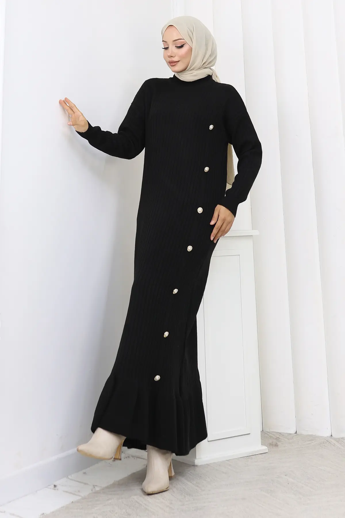 Yan Düğmeli Fırfırlı Elbise-detail