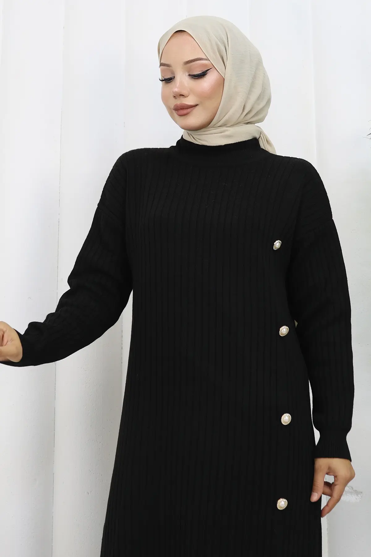 Yan Düğmeli Fırfırlı Elbise-detail