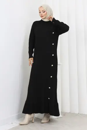 Yan Düğmeli Fırfırlı Elbise