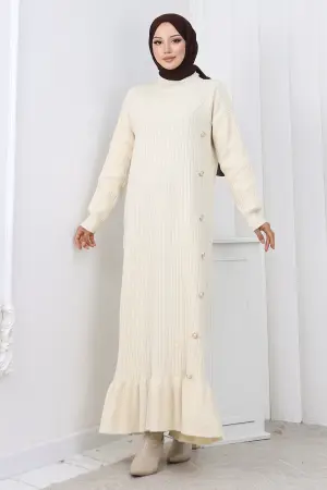 Yan Düğmeli Fırfırlı Elbise