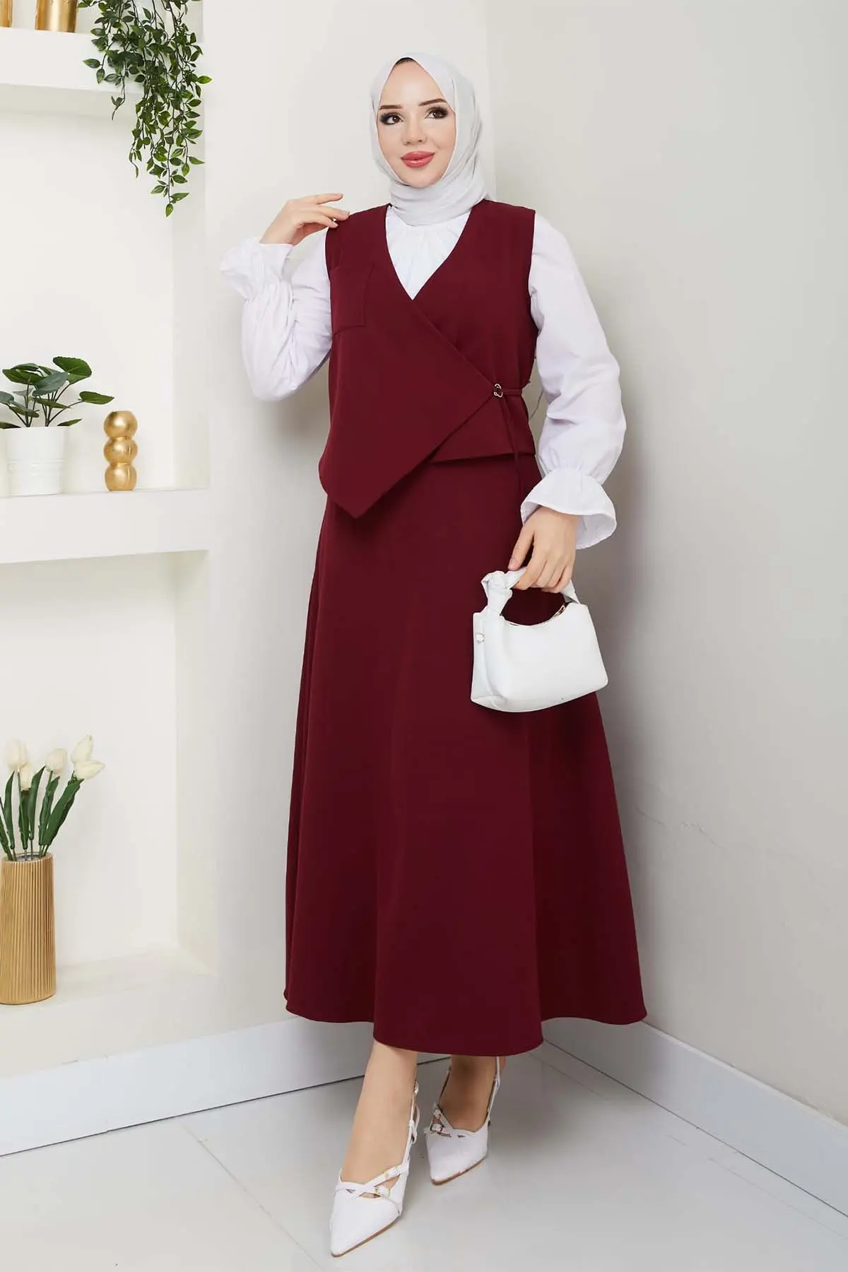 Yandan Bağlamalı Yelekli Takım Bordo 4745-detail