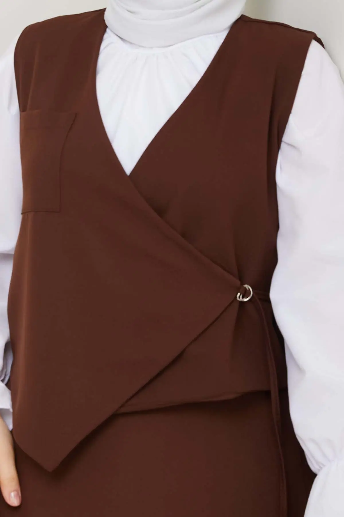 Yandan Bağlamalı Yelekli Takım Kahverengi 4745-detail