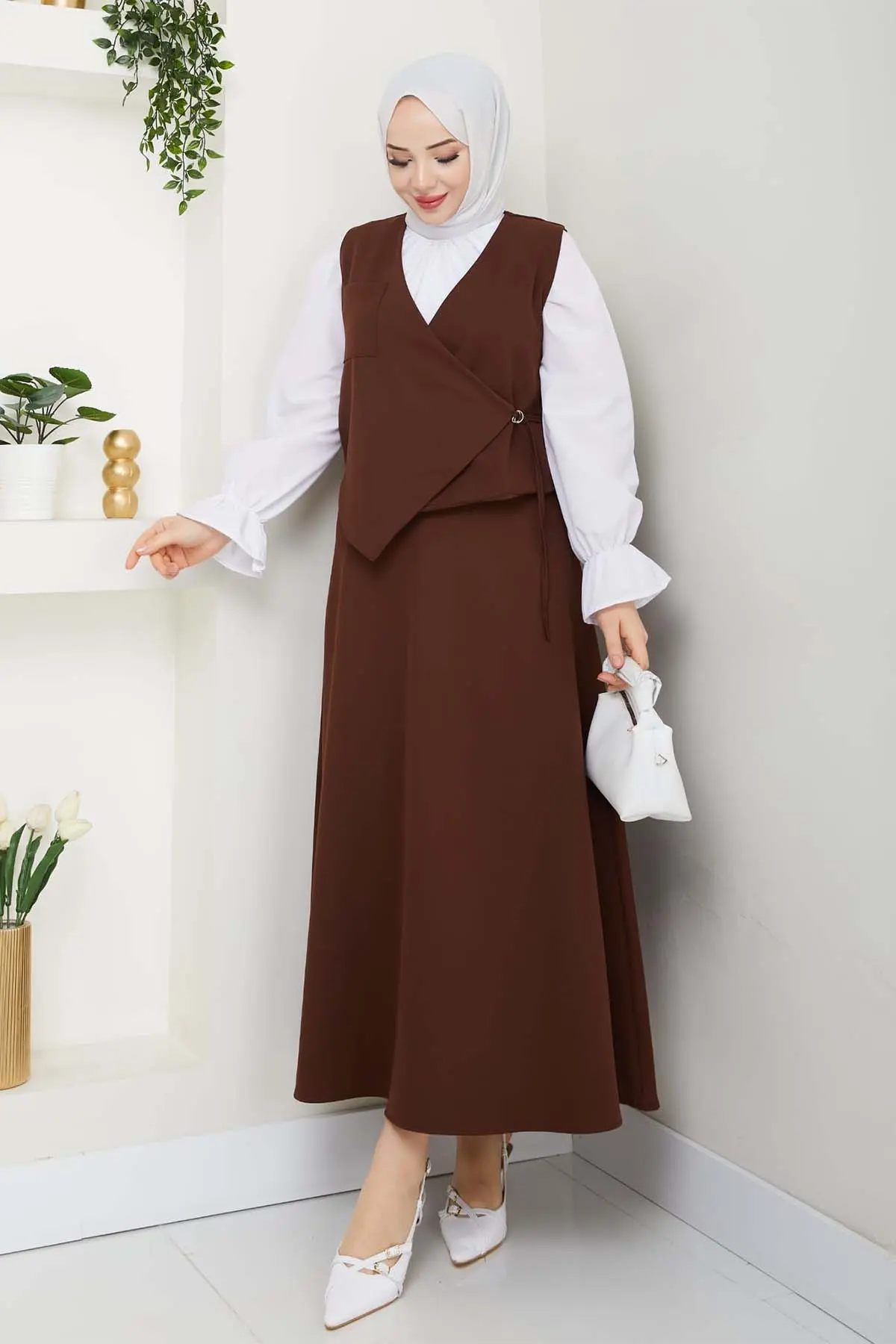 Yandan Bağlamalı Yelekli Takım Kahverengi 4745-detail