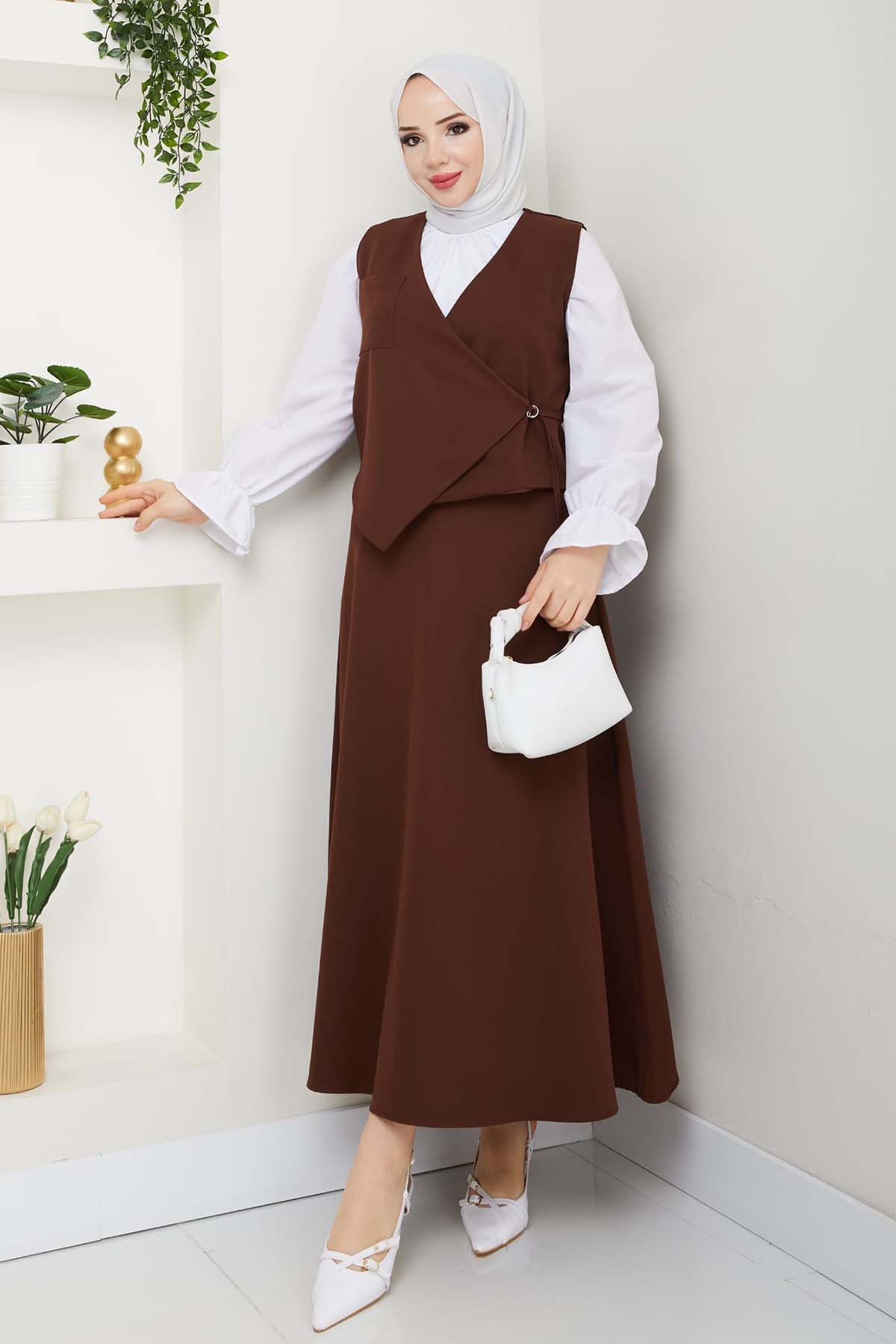 Yandan Bağlamalı Yelekli Takım Kahverengi 4745