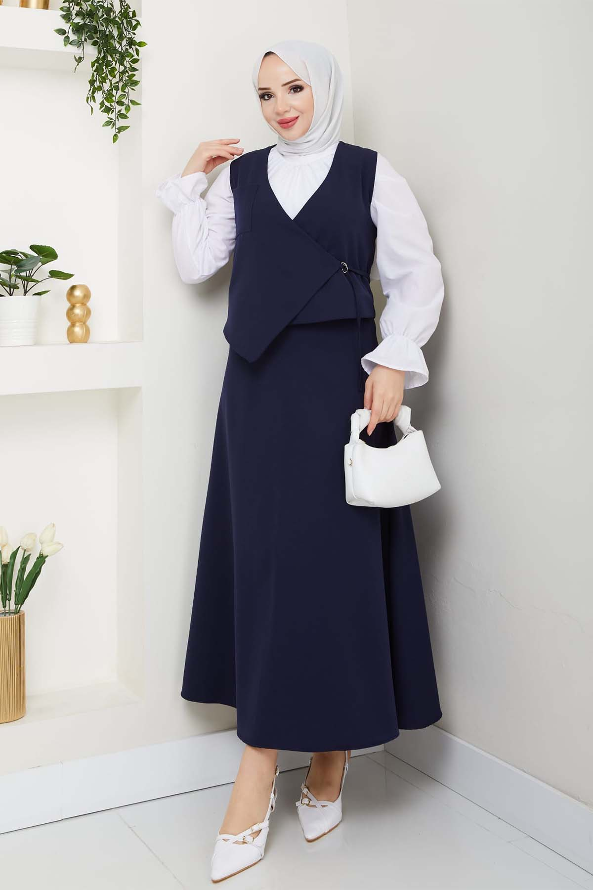 Yandan Bağlamalı Yelekli Takım Lacivert 4745