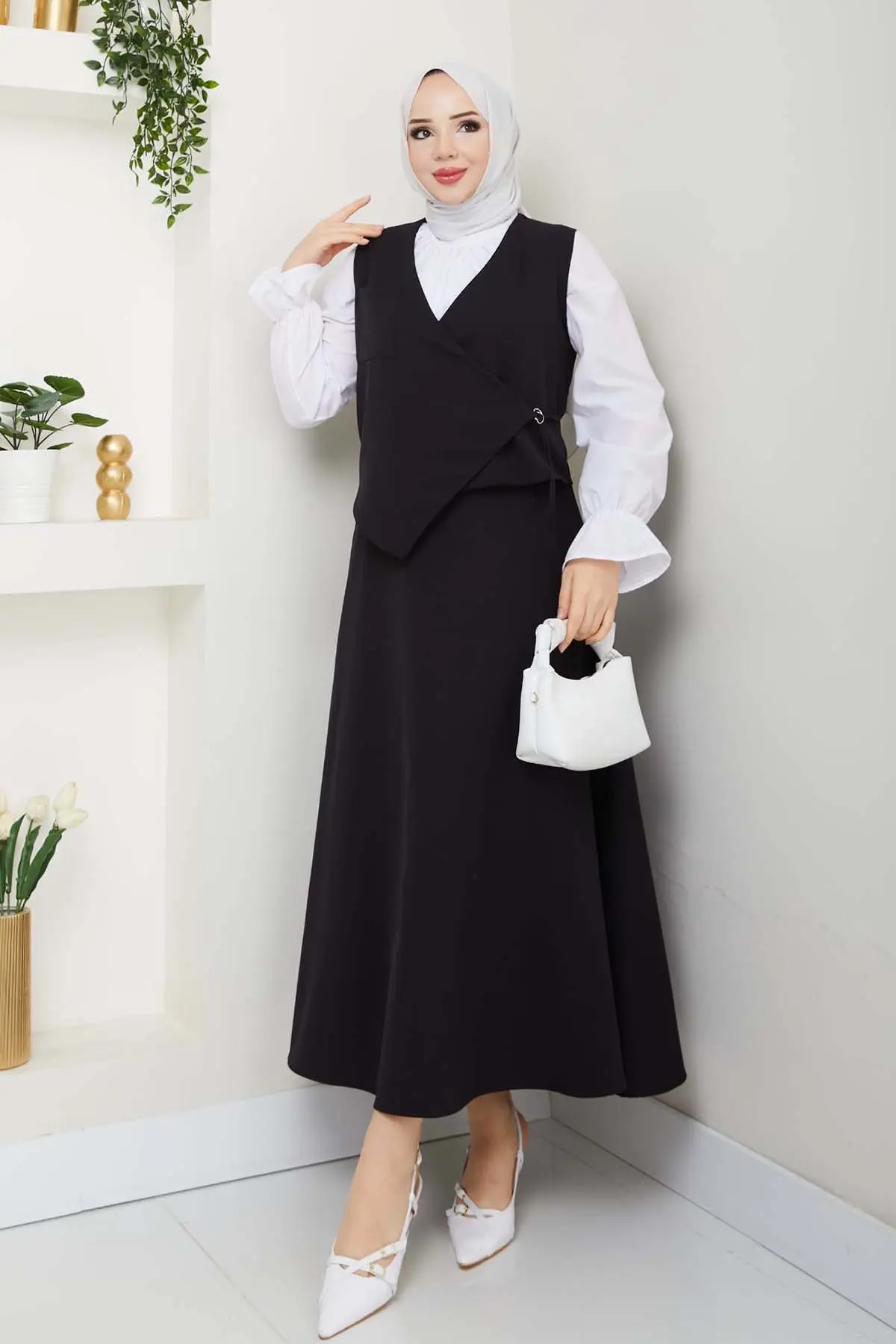 Yandan Bağlamalı Yelekli Takım Siyah 4745-detail