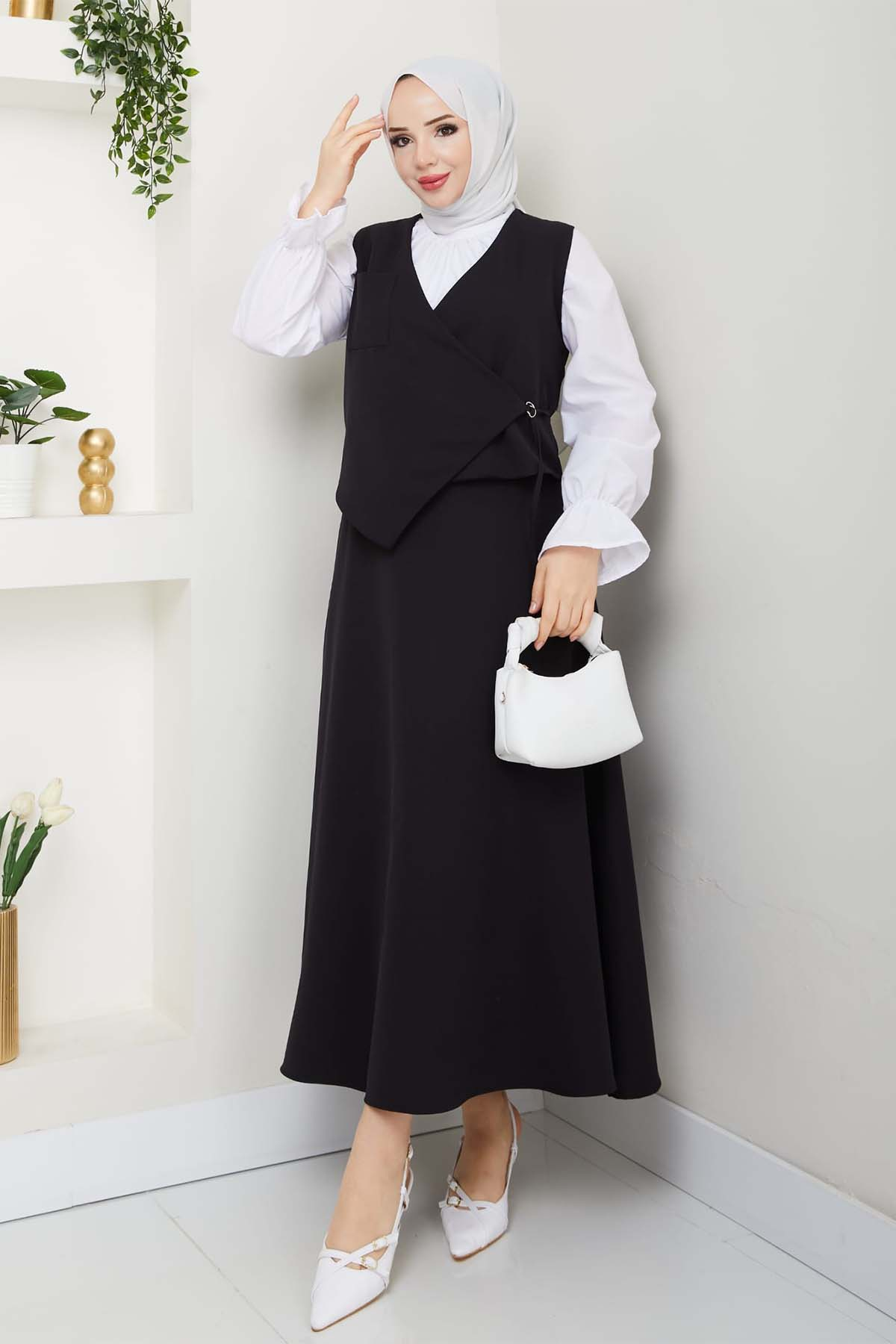 Yandan Bağlamalı Yelekli Takım Siyah 4745