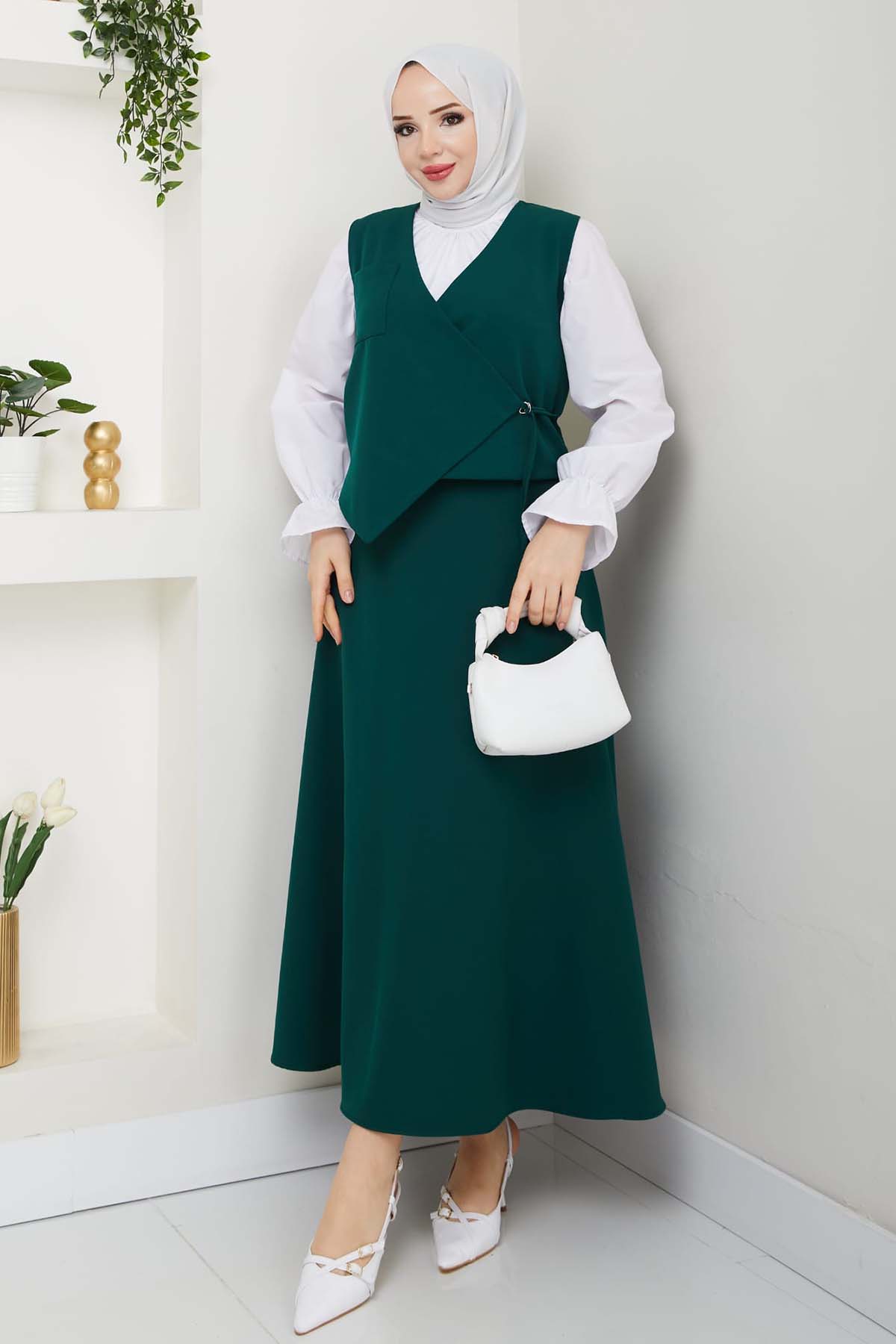 Yandan Bağlamalı Yelekli Takım Zümrüt Yeşili 4745