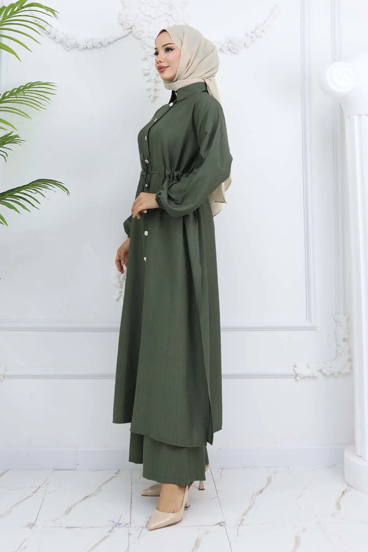 Yandan Yırtmaç Detaylı Tunik Pantolon Takım Haki 4770-detail