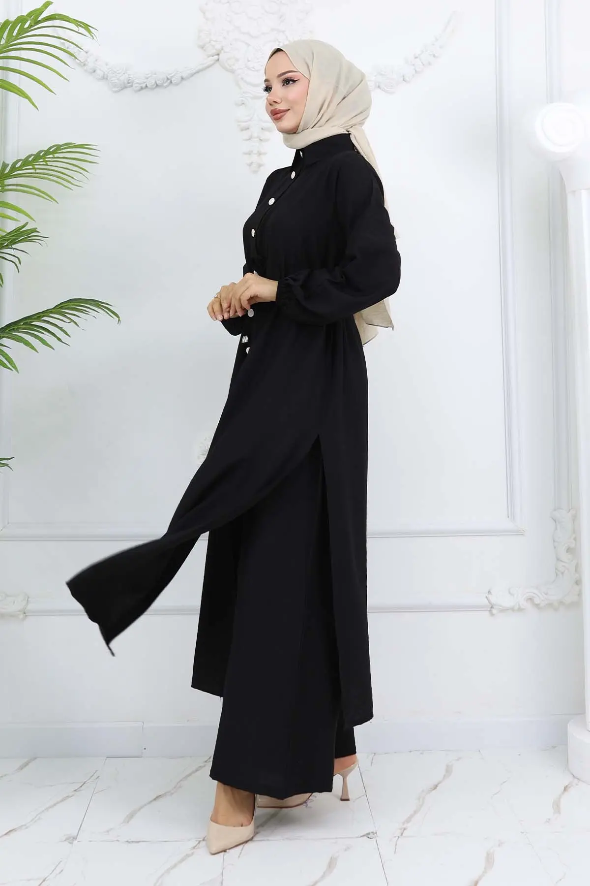 Yandan Yırtmaç Detaylı Tunik Pantolon Takım Siyah 4770-detail