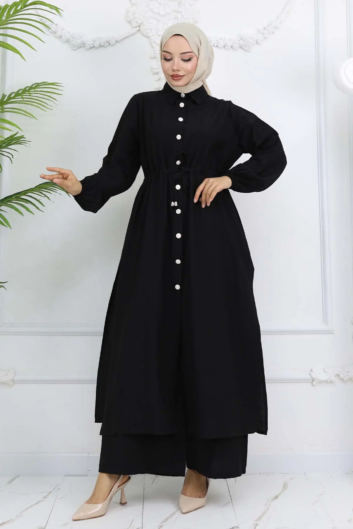 Yandan Yırtmaç Detaylı Tunik Pantolon Takım Siyah 4770-detail