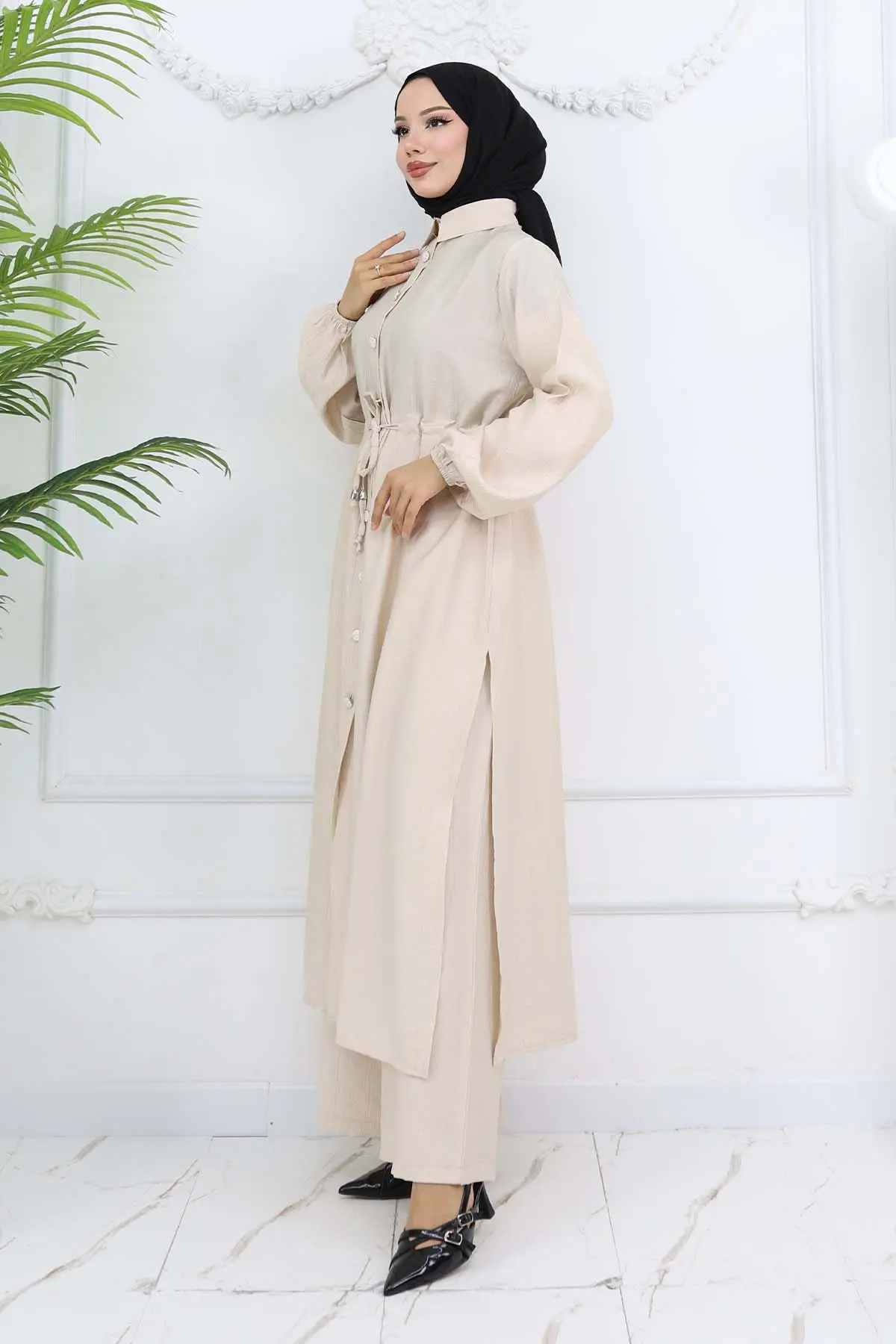 Yandan Yırtmaç Detaylı Tunik Pantolon Takım Taş Rengi 4770-detail