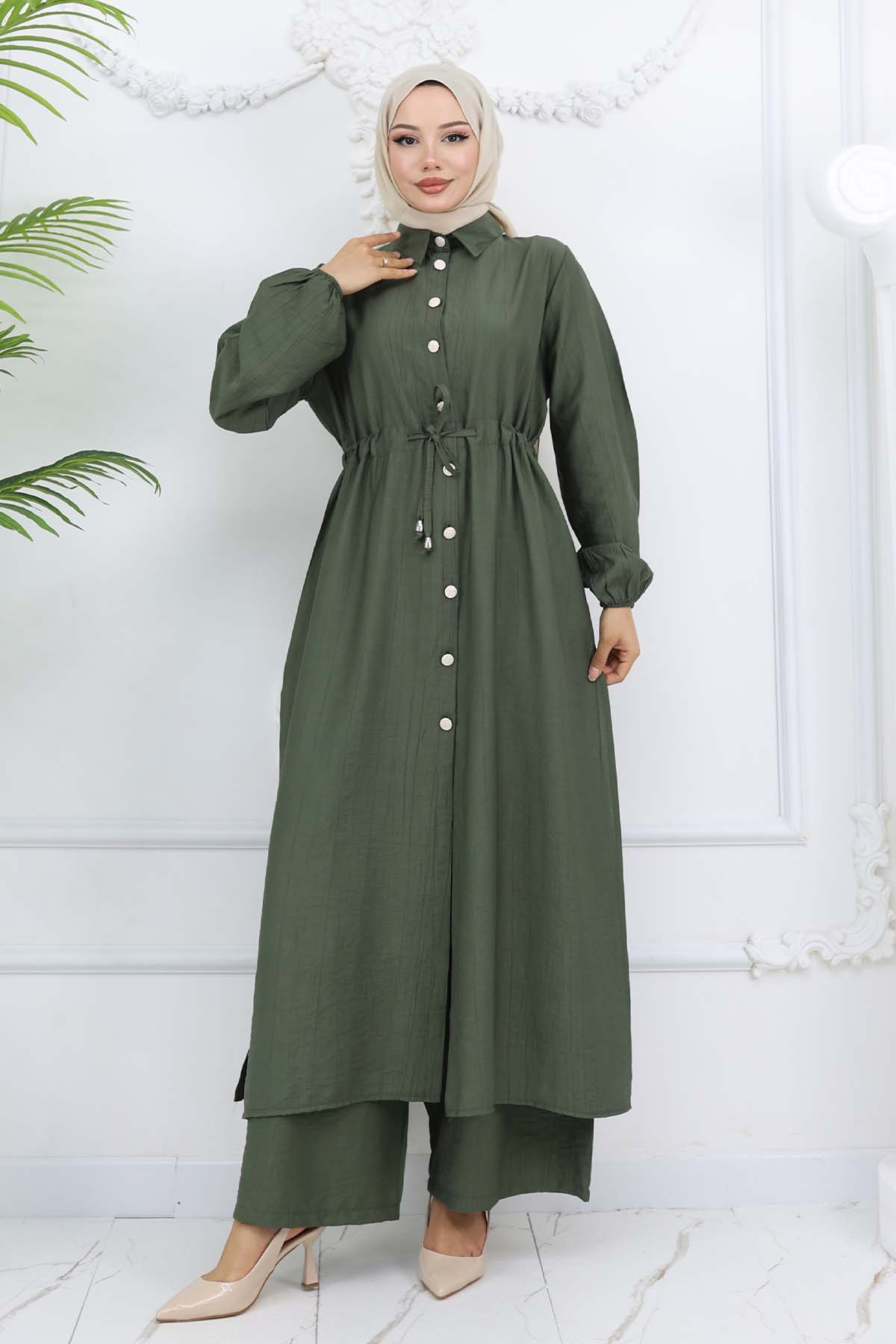 Yandan Yırtmaç Detaylı Tunik Pantolon Takım Haki 4770