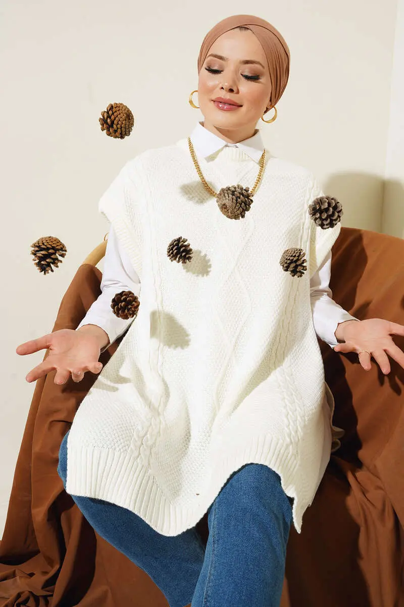 11010 Yanları Bağlamalı Örgü Motifli Süveter Ekru-detail