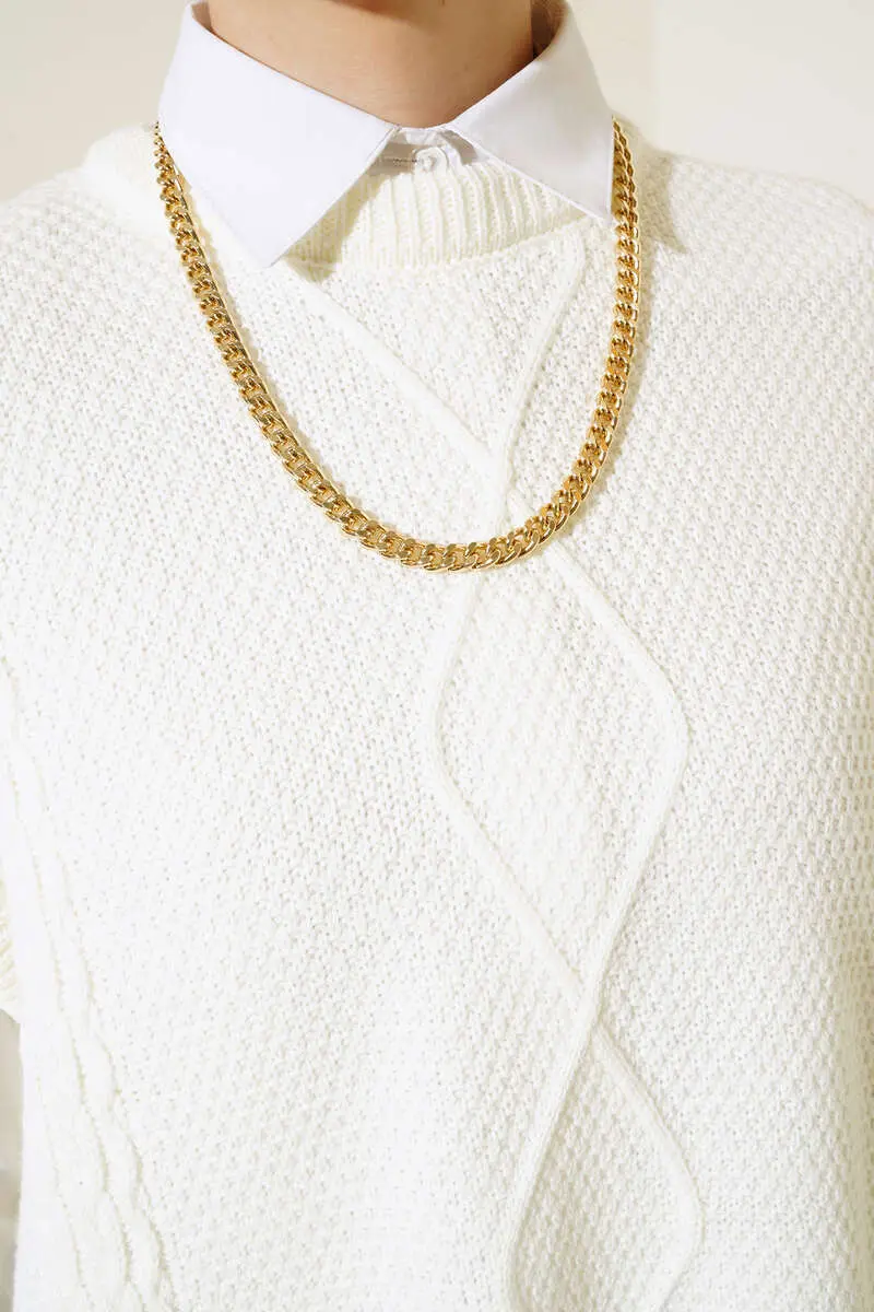 11010 Yanları Bağlamalı Örgü Motifli Süveter Ekru-detail