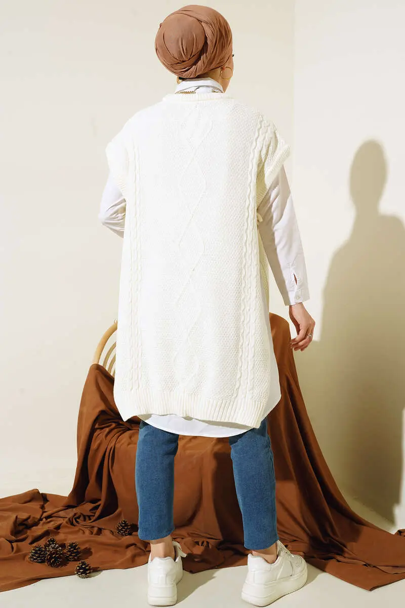 11010 Yanları Bağlamalı Örgü Motifli Süveter Ekru-detail