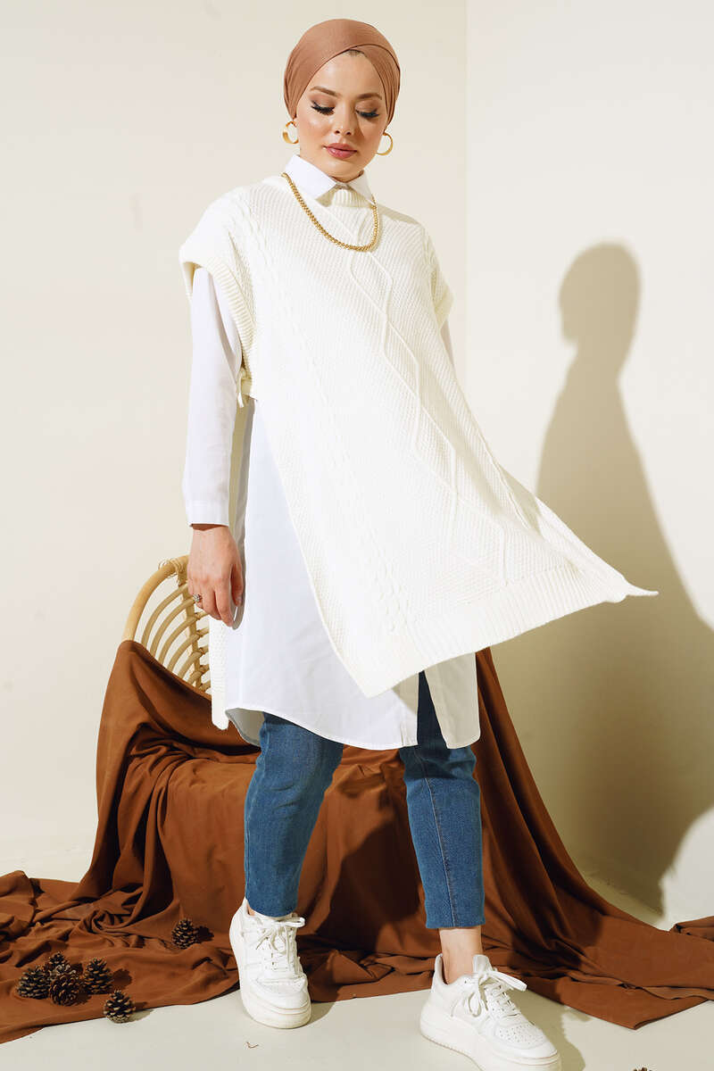 11010 Yanları Bağlamalı Örgü Motifli Süveter Ekru