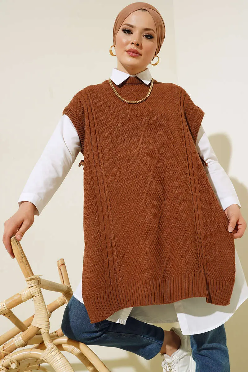 11010 Yanları Bağlamalı Örgü Motifli Süveter Taba-detail