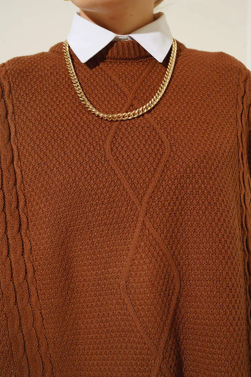 11010 Yanları Bağlamalı Örgü Motifli Süveter Taba-detail