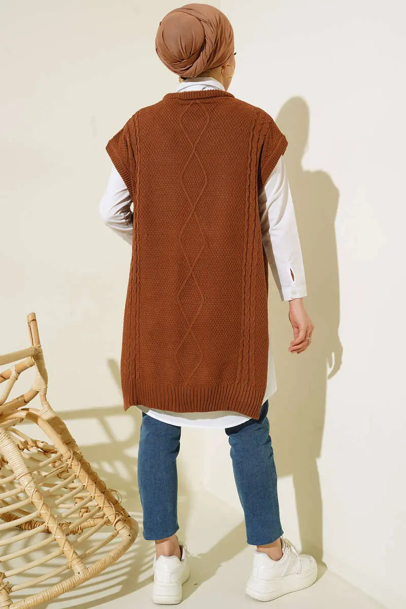 11010 Yanları Bağlamalı Örgü Motifli Süveter Taba-detail